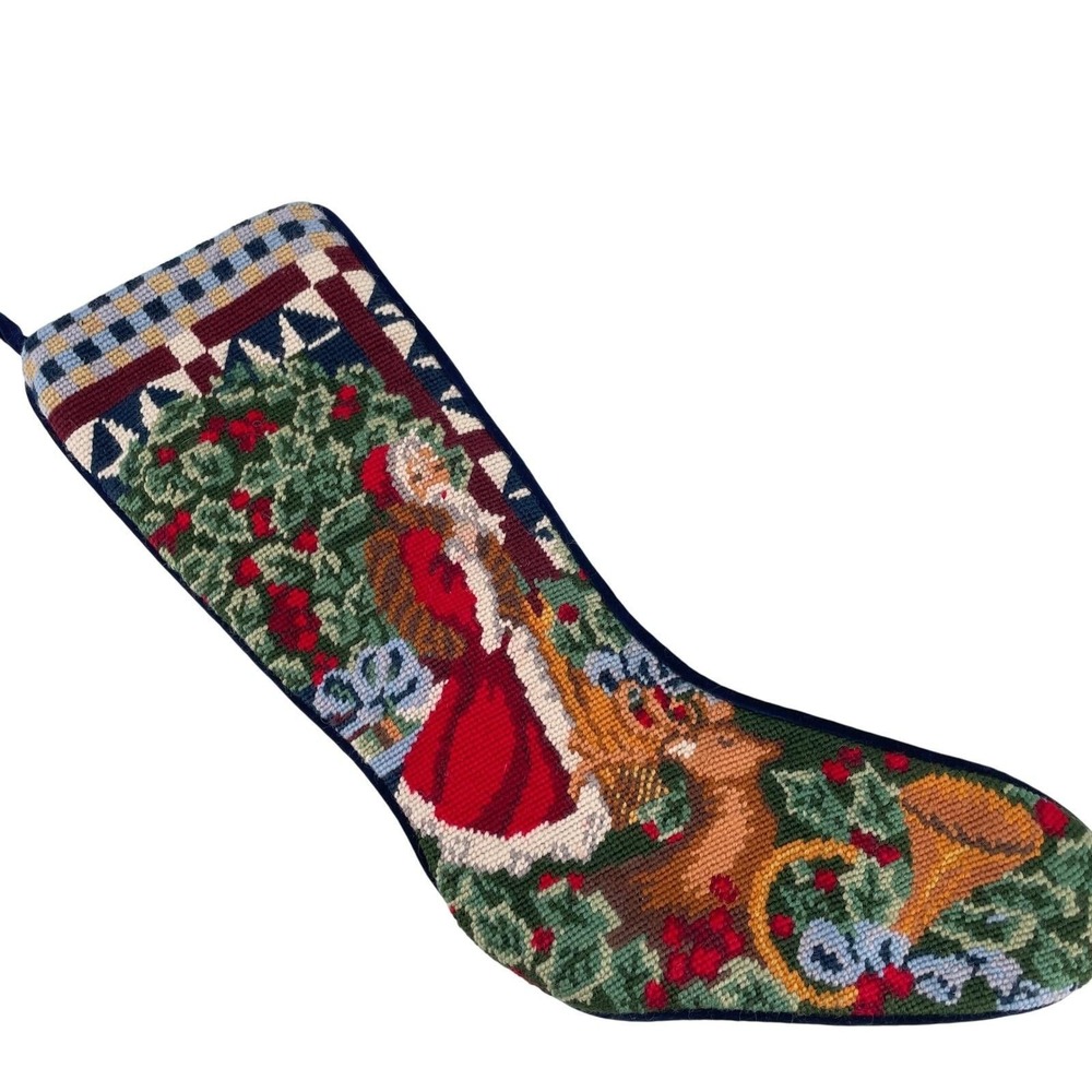 Vintage Needlepoint Christmas Stocking Santa Claus Reindeer Navy Velvet 19 inch